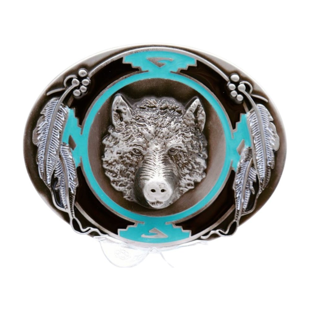 Men Women Western Belt Buckle Silver Metal Bear Hunter Oval Feather Black Blue